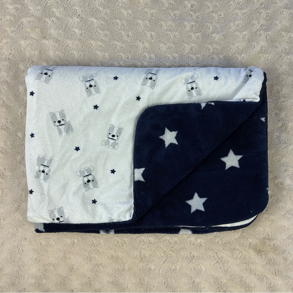 Rene Rofe Puppy Dog Stars Baby Blanket Blue Gray White Security Lovey Bulldog